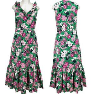 J.Crew Womens Midi Dress Green Pink Floral Ruffled Pockets Cotton 2 New